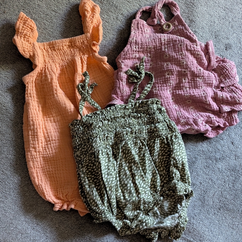 Set of Three Baby Rompers in Coral, Floral Pink, and Green